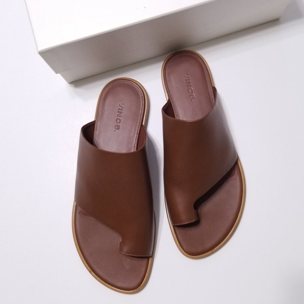 NIB Vince Edris‎ Leather Toe Ring Sandal Slides Cognac Brown Made in Italy $250